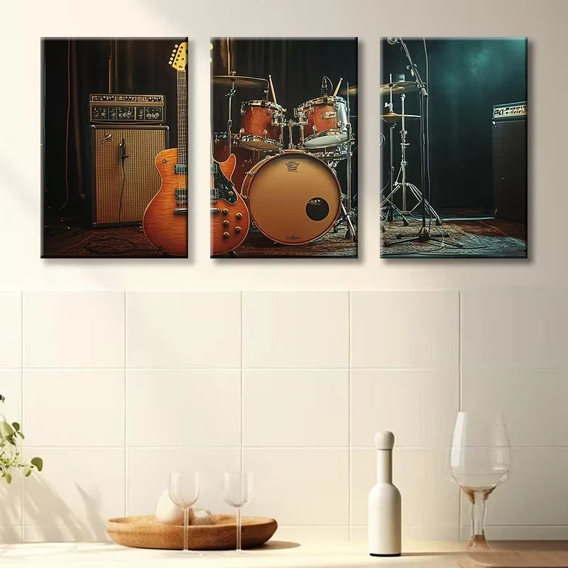 3pcs Band Instrument Music-Themed Wall Art Set Canvas Framed 50x70cm - High Quality Print 100% Australian Made Wall Canvas Ready to Hang - Bella Home Decor