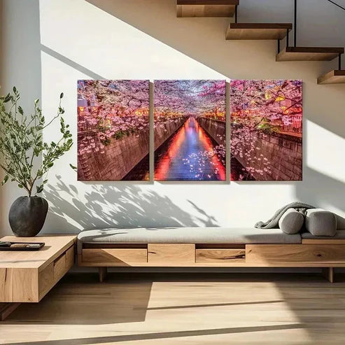 3pcs Cherry Blossom Street Landscape Painting Wall Art Set Canvas Unframed - High Quality Print 100% Australian Made Wall Canvas - Bella Home Decor
