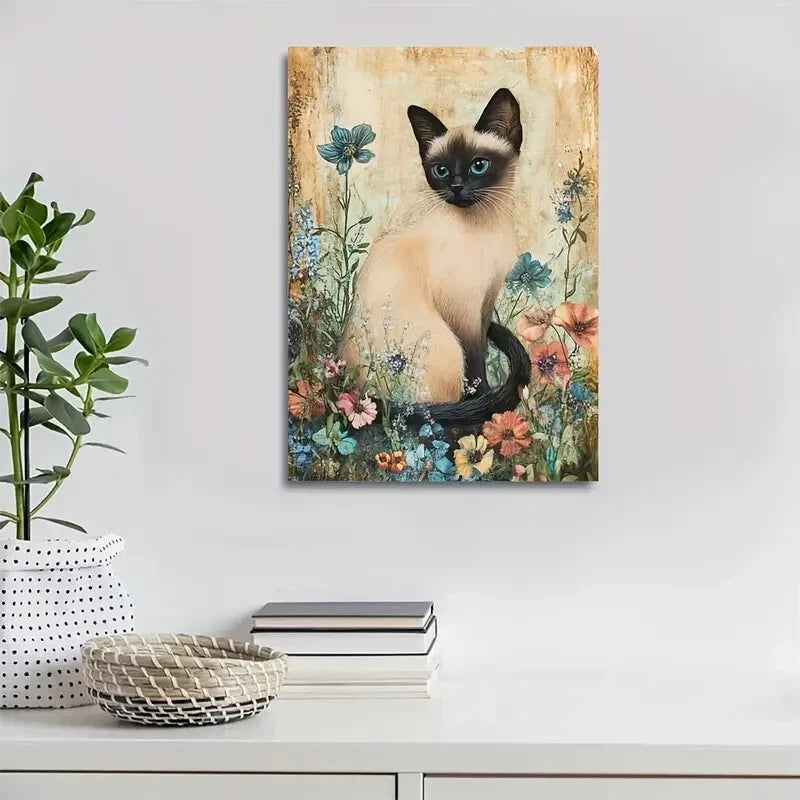 Cute Siamese Cat & Floral Design Painting 40x60cm Metal Print Ready to Hang - Bella Home Decor