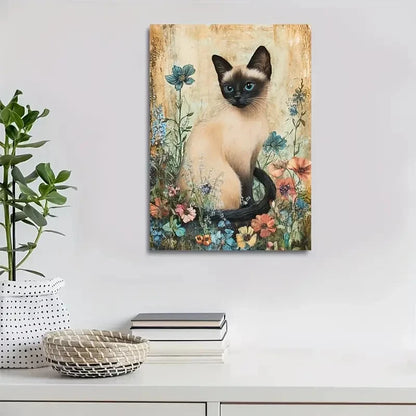 Cute Siamese Cat & Floral Design Painting 40x60cm Metal Print Ready to Hang - Bella Home Decor
