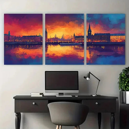 3pcs Hamburg Skyline Décor Reflections Wall Art Canvas Unframed - High Quality Print 100% Australian Made Wall Canvas