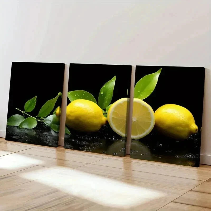 3pcs Vibrant Lemon & Green Leaf Design Wall Art Set Canvas Framed 40x60cm - High Quality Print 100% Australian Made Wall Canvas Ready to Hang - Bella Home Decor