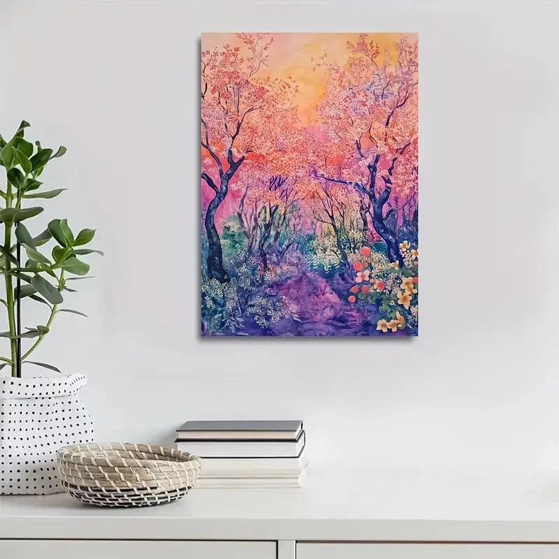 Vibrant Peach Tree Forest with Blooming Painting 40x60cm Metal Print Ready to Hang - Bella Home Decor