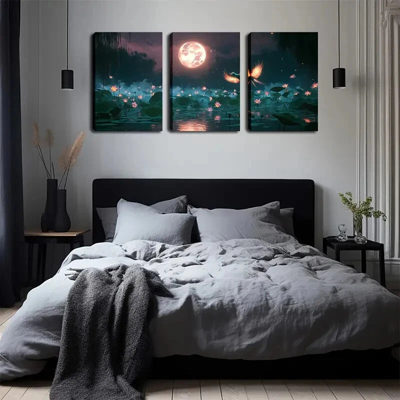 3pcs Moonlight For Lotus Blossoms Perfect Wall Art Set Canvas Framed 40x60cm - High Quality Print 100% Australian Made Wall Canvas Ready to Hang - Bella Home Decor