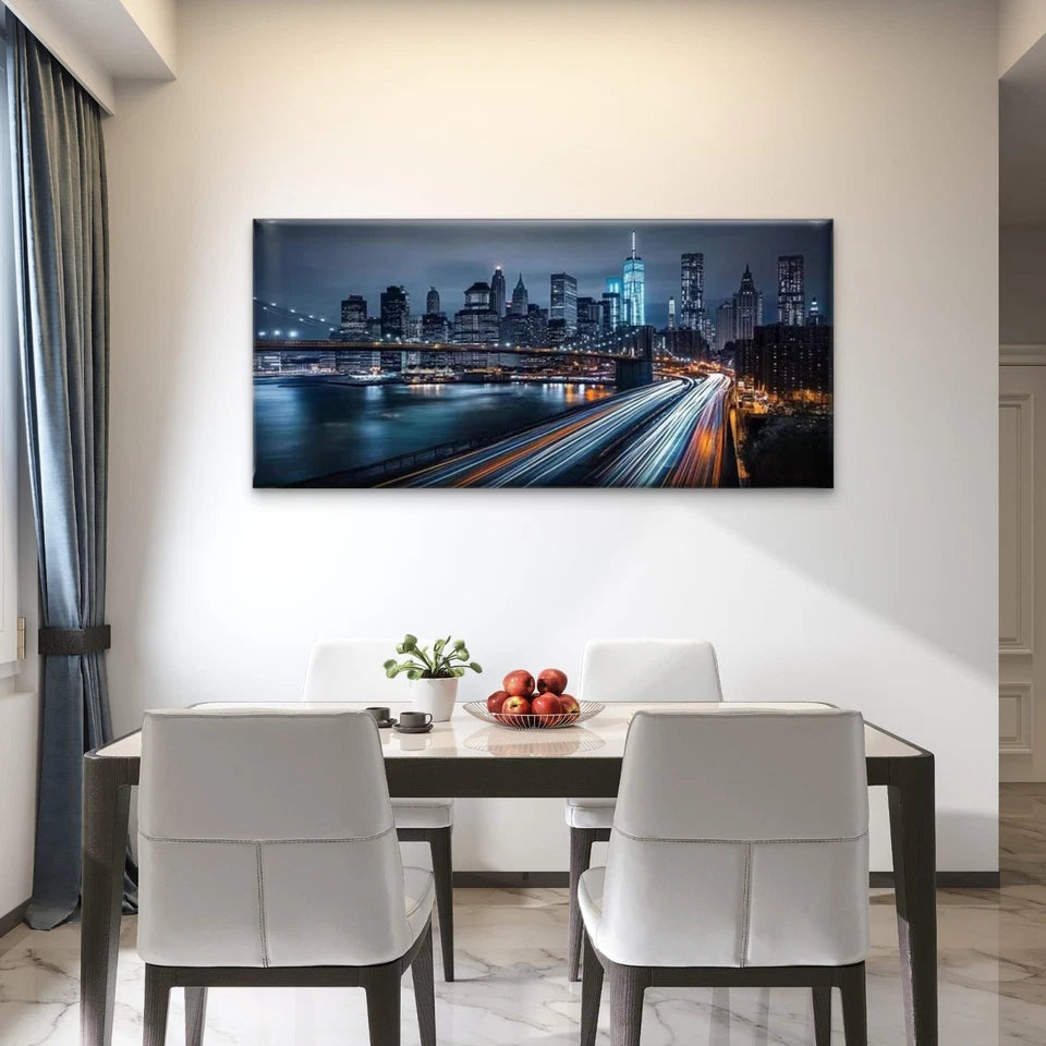 Midnight City Light Trails Wall Art Canvas Office Home Room Framed 120x60cm - Bella Home Decor