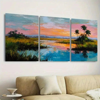 3pcs Wetland Florida Coastal, Sunset Wall Art Set Canvas Framed 40x60cm - High Quality Print 100% Australian Made Wall Canvas Ready to Hang