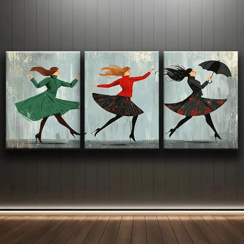 3pcs Dancing in the Rain Artwork Wall Art Set Canvas Framed 40x60cm - High Quality Print 100% Australian Made Wall Canvas Ready to Hang - Bella Home Decor