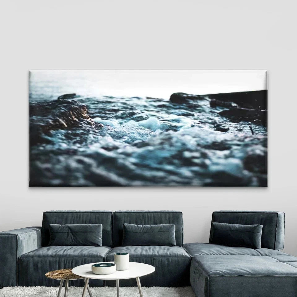 Monochrome Sea Waves Natural Wall Art Canvas Office Home Room Framed 120x60cm