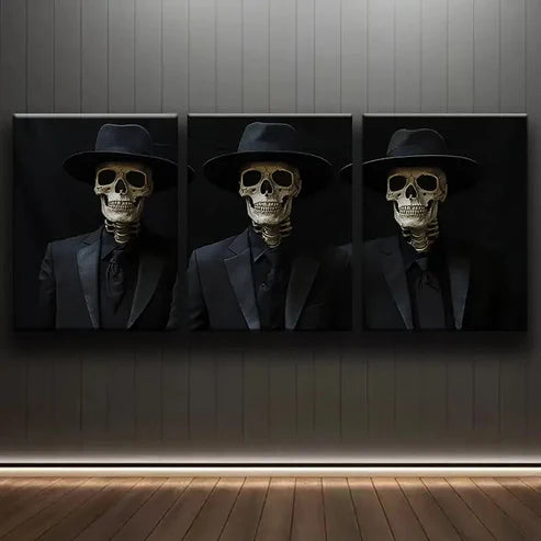 3pcs Skeleton in Suit Darkness Perfect Fear Wall Art Set Canvas Unframed - High Quality Print 100% Australian Made Wall Canvas