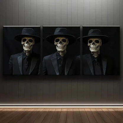 3pcs Skeleton in Suit Darkness Perfect Fear Wall Art Set Canvas Unframed - High Quality Print 100% Australian Made Wall Canvas