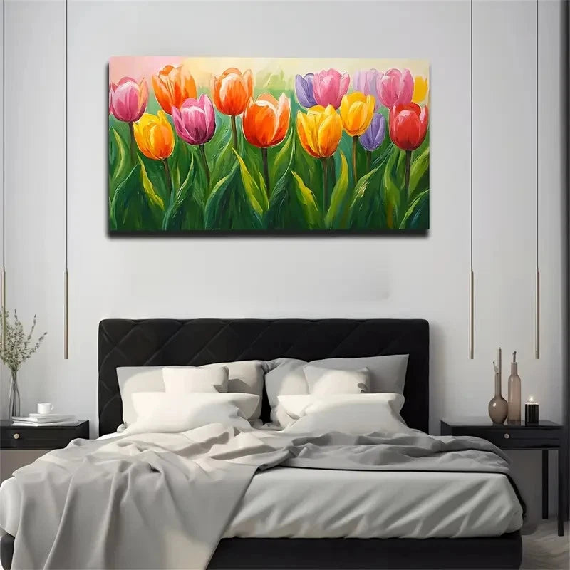 Vibrant Floral Tulip Modern Wall Art Canvas Office Home Room Framed 120x60cm