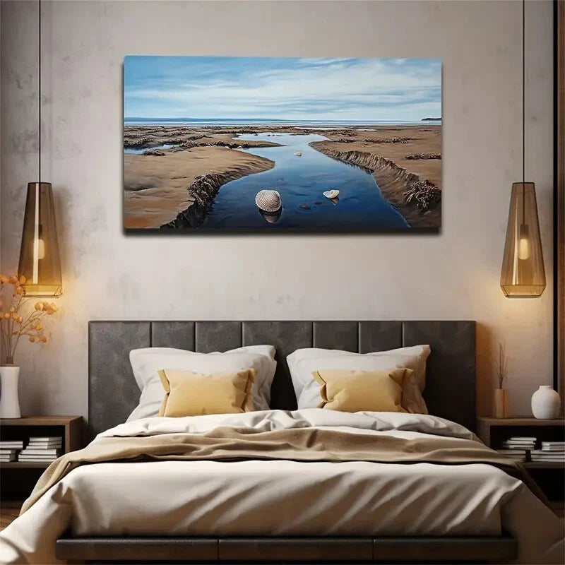 Serene Seaside Shells Puddles Wall Art Canvas Office Home Room Framed 120x60cm - Bella Home Decor