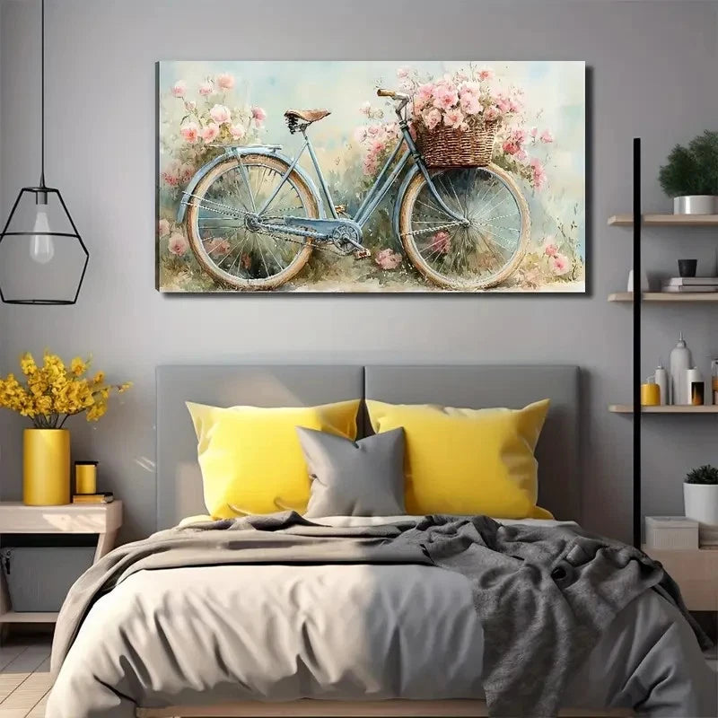 Flowers In The Bicycle Basket Wall Art Canvas Office Home Room Framed 120x60cm - Bella Home Decor