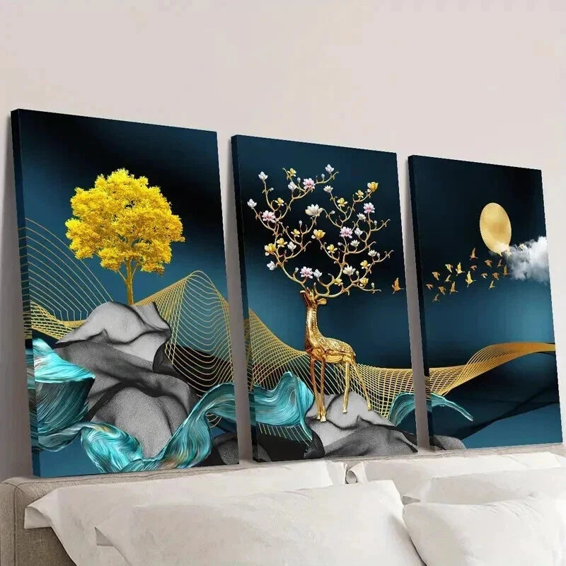 3pcs Elk & Flying Birds Full Moon Money Tree Wall Art Set Canvas Framed 60x90cm - High Quality Print 100% Australian Made Wall Canvas Ready to Hang