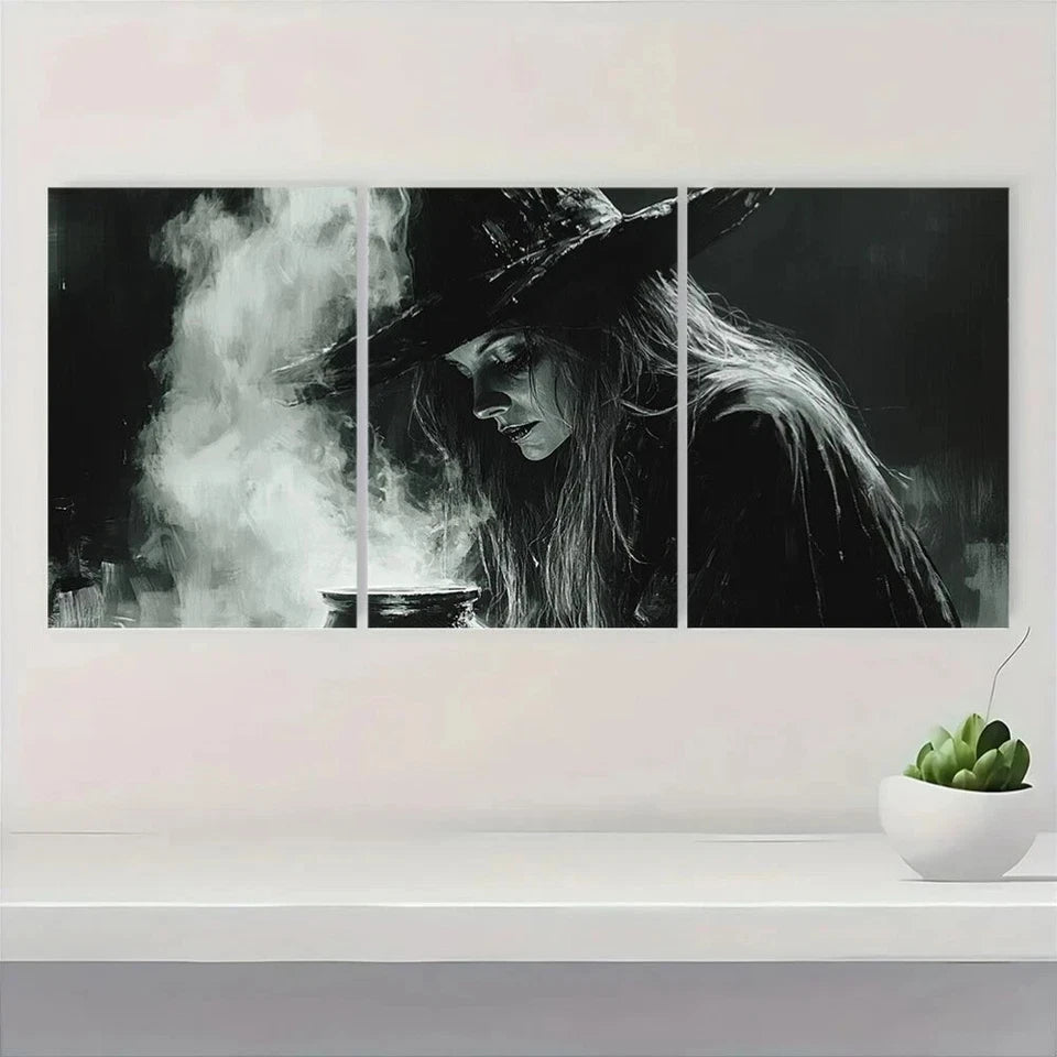 3pcs Monochrome Moody Witch Brewing Scene Metal Print Ready to Hang Art - Bella Home Decor