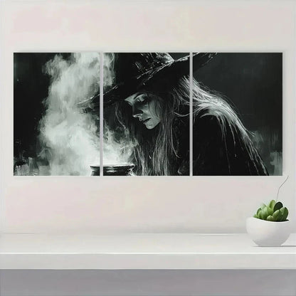 3pcs Monochrome Moody Witch Brewing Scene Metal Print Ready to Hang Art - Bella Home Decor
