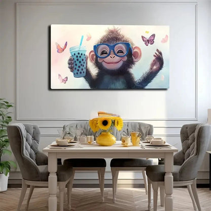 Playful Monkey Blue Drink Color Wall Art Canvas Office Home Room Framed 120x60cm - Bella Home Decor