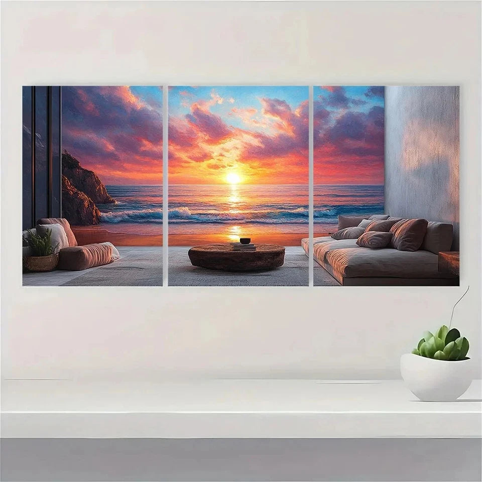 3pcs Seascape Oil Painting Sunset Ocean Metal Print Ready to Hang Art - Bella Home Decor