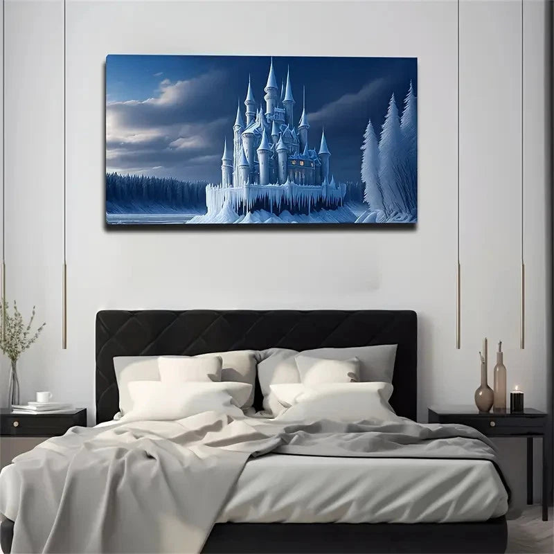 Enchanting Snowy Castle Lands Wall Art Canvas Office Home Room Framed 120x60cm