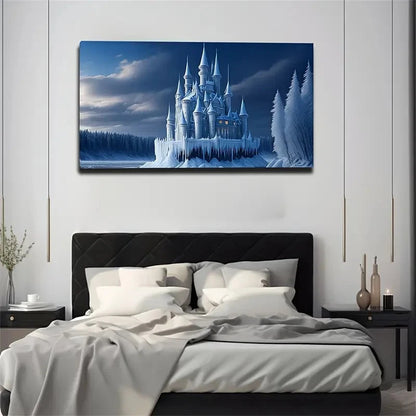Enchanting Snowy Castle Lands Wall Art Canvas Office Home Room Framed 120x60cm