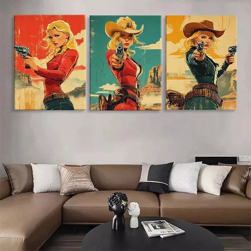 3pcs Retro Wild West Cowgirl Gunslinger Perfect Wall Art Canvas Unframed - High Quality Print 100% Australian Made Wall Canvas