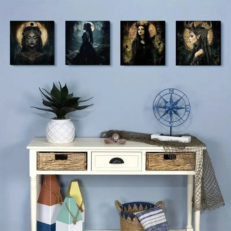 4pcs Pagan Moon Goddess Wall Art Canvas Framed