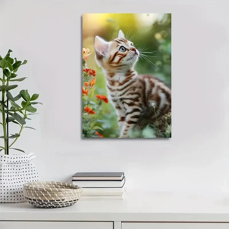 Flowers And Plants Cute Bengal Cat Kitten Painting 40x60cm Metal Print Ready to Hang - Bella Home Decor