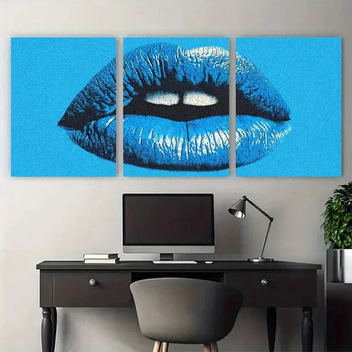 3pcs Blue Kiss Lips Retro Coquette Wall Art Canvas Unframed - High Quality Print 100% Australian Made Wall Canvas - Bella Home Decor