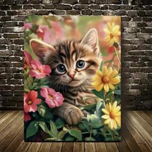 Flowers And Plants Cute Tabby Kitten Painting 40x60cm Metal Print Ready to Hang - Bella Home Decor