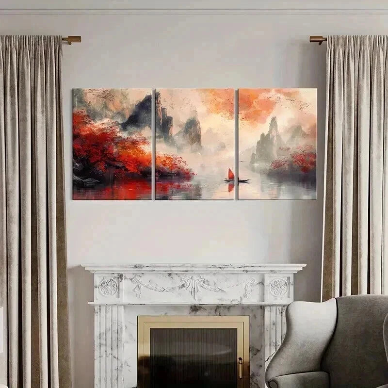 3pcs Retro Traditional Chinese Landscape Metal Print Ready to Hang Art - Bella Home Decor