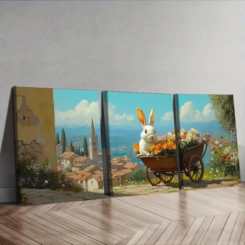 3pcs Featuring a Rabbit with a Wheelbarrow Wall Art Set Canvas Framed 40x60cm - High Quality Print 100% Australian Made Wall Canvas Ready to Hang