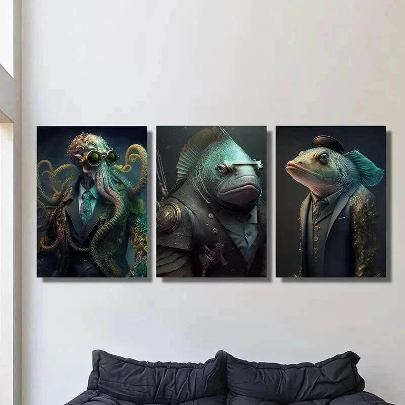 3pcs Steampunk Octopus & Fish Warrior Wall Art Set Canvas Framed 50x70cm - High Quality Print 100% Australian Made Wall Canvas Ready to Hang