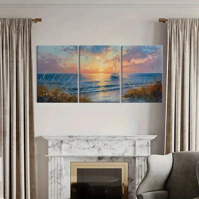 3pcs Golden Hour Sky Calm Sea and Wildflowers  Wall Art Set Canvas Framed 50x70cm - High Quality Print 100% Australian Made Wall Canvas Ready to Hang - Bella Home Decor