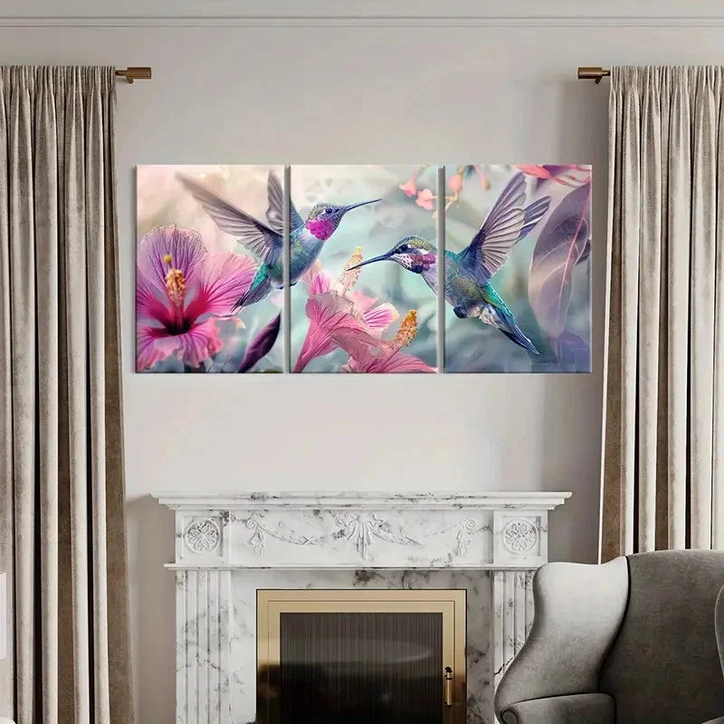 3pcs Vibrant Hummingbirds Exotic Flowers Metal Print Ready to Hang Art - Bella Home Decor