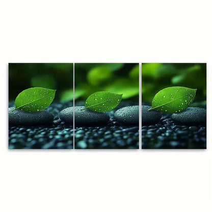 3pcs Tranquil Green Leaves and Zen Stones Spa Metal Print Ready to Hang Art - Bella Home Decor