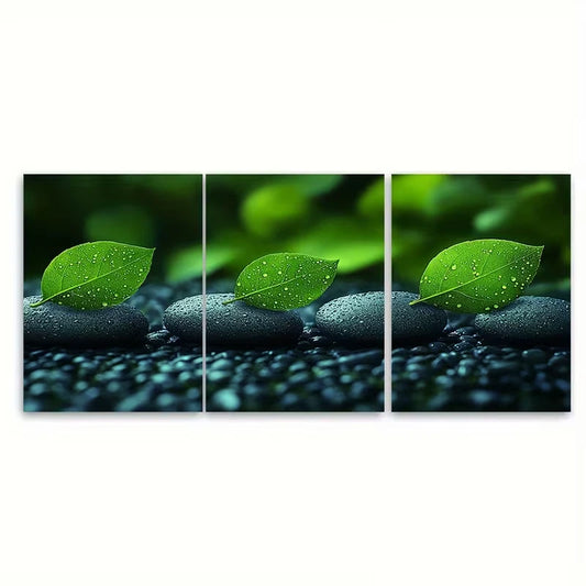 3pcs Tranquil Green Leaves and Zen Stones Spa Metal Print Ready to Hang Art