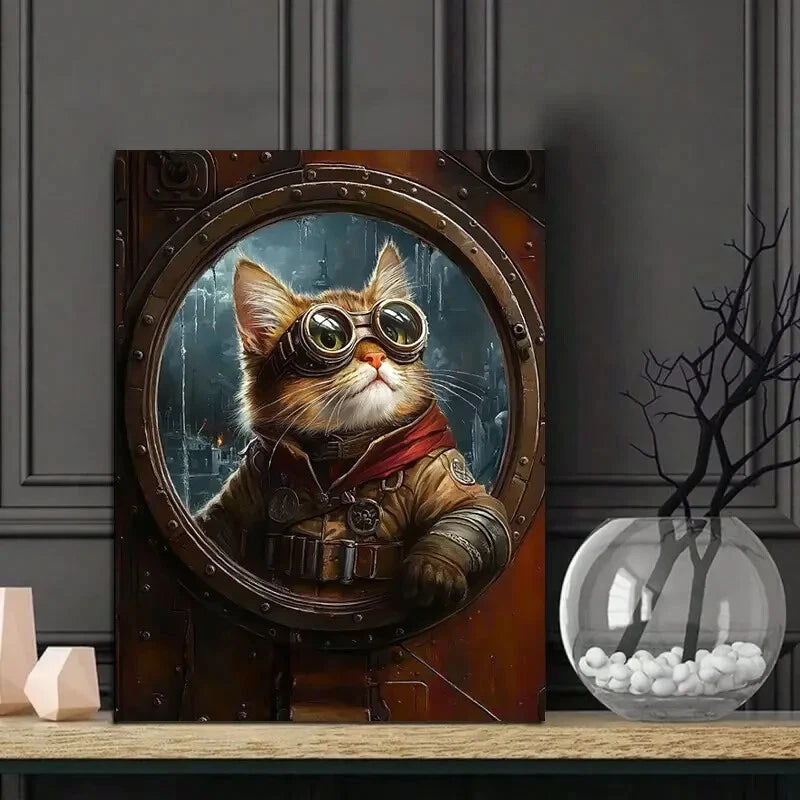Steampunk Cat Glass Red  40x60cm Metal Print Ready to Hang
