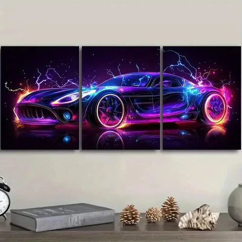 3pcs Neon Sports Car Super Colorful Dark Perfect Wall Art Set Canvas Unframed - High Quality Print 100% Australian Made Wall Canvas