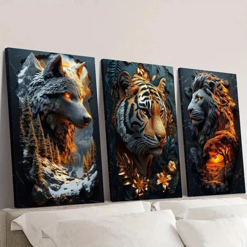 3pcs Majestic Tigers Wolves & Lions in Forest Wall Art Canvas Unframed – High Quality Print 100% Australian Made Wall Canvas