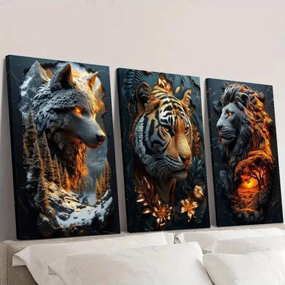 3pcs Majestic Tigers Wolves & Lions in Forest Wall Art Canvas Unframed – High Quality Print 100% Australian Made Wall Canvas