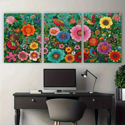 3pcs Colorful Floral Bird Peruvian Folk Perfect Wall Art Set Canvas Framed 50x70cm - High Quality Print 100% Australian Made Wall Canvas Ready to Hang - Bella Home Decor