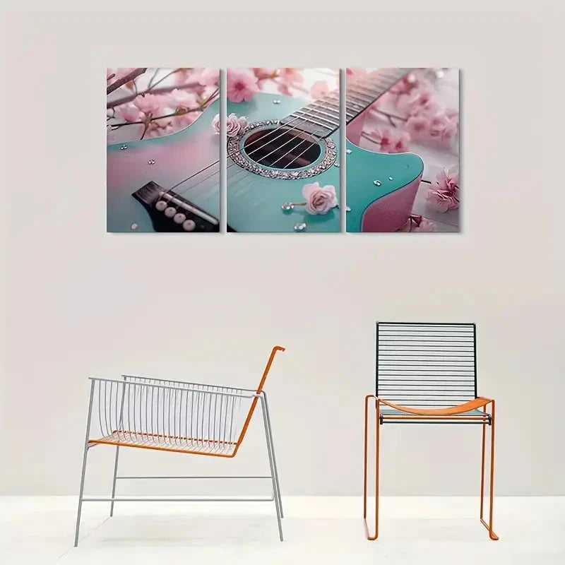 3pcs Acoustic Guitar Pink Blossoms and Rhinestones Metal Print Ready to Hang Art - Bella Home Decor