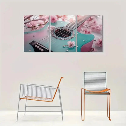 3pcs Acoustic Guitar Pink Blossoms and Rhinestones Metal Print Ready to Hang Art - Bella Home Decor