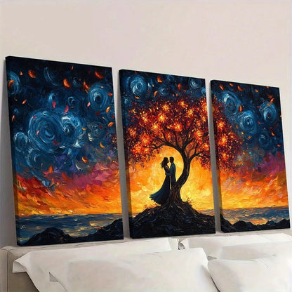 Three-panel canvas art of a couple under a tree with a colorful sky.