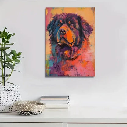 Cute Tibetan Mastiff Dog Among Flowers Painting 40x60cm Metal Print Ready to Hang - Bella Home Decor