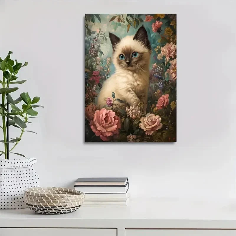 Featuring a Cute Siamese Kitten Among Flowers Painting 40x60cm Metal Print Ready to Hang - Bella Home Decor