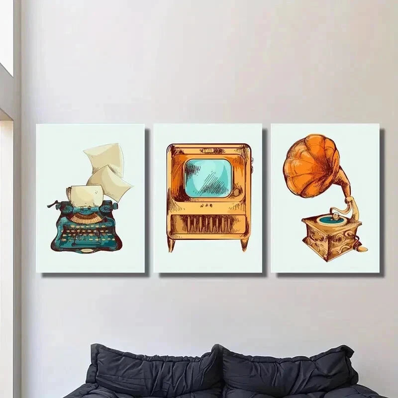 3pcs Old TV and Music Machine & Phonograph Wall Art Set Canvas Framed 60x90cm - High Quality Print 100% Australian Made Wall Canvas Ready to Hang