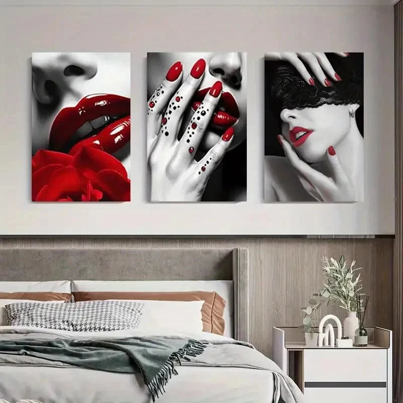 3pcs Red Lips And Nails Abstract Modern Perfect Wall Art Set Canvas Framed 40x60cm - High Quality Print 100% Australian Made Wall Canvas Ready to Hang - Bella Home Decor