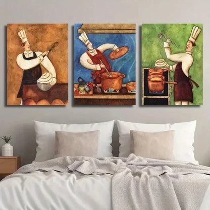 3pcs Vibrant Retro Chef Cooking-Themed Wall Art Canvas Unframed - High Quality Print 100% Australian Made Wall Canvas