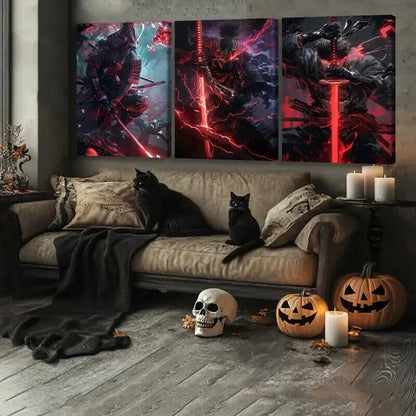 3pcs Anime Comic Vivid Color Samurai Thunder Red Wall Art Set Canvas Framed 50x70cm - High Quality Print 100% Australian Made Wall Canvas Ready to Hang